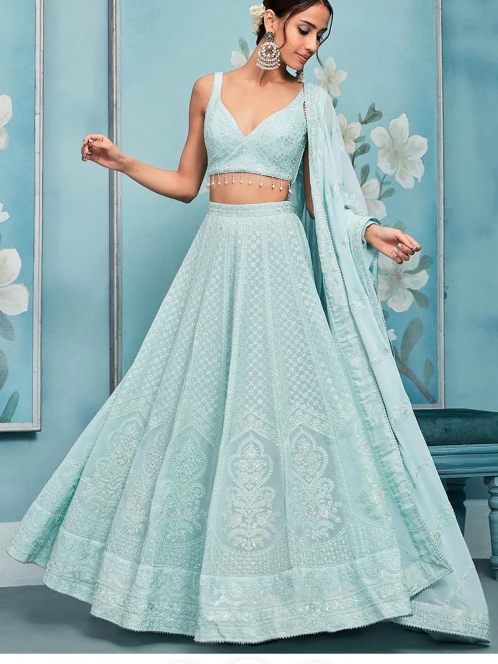 Mint Blue Embroidered Lehenga Set - Women Dresses